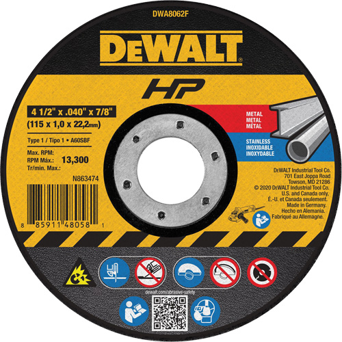 HP Metal Cut-Off Wheel, 4-1/2" x 0.04", 7/8" Arbor, Type 1, Aluminum Oxide, 13300 RPM Duraquip Inc