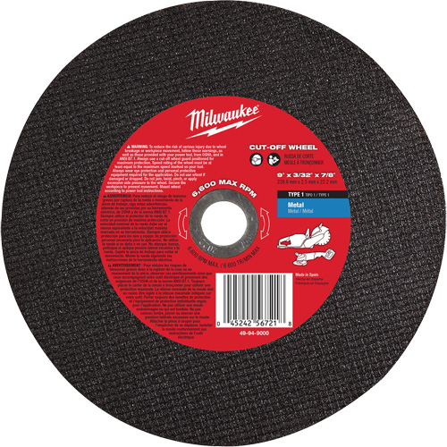 Cut-Off Wheel, 9" x 3/32", 7/8" Arbor, Type 1, 6600 RPM Duraquip Inc