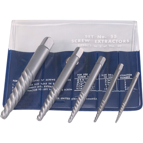 Screw Extractors - Screw Extractor Set in Fold-Up Pouch, 5 Pieces, High Carbon Steel Duraquip Inc
