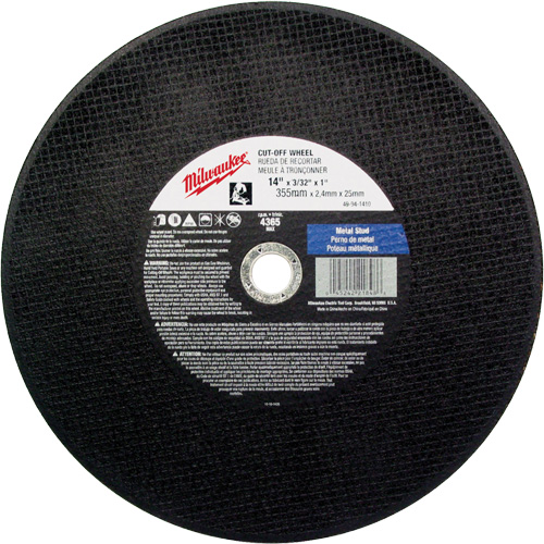 General Purpose Cut-Off Wheels, 14" x 3/32", 1" Arbor, Type 1, Aluminum Oxide, 4365 RPM Duraquip Inc