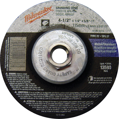 Grinding Wheel, 4-1/2" x 1/4", 5/8"-11 Arbor, Aluminum Oxide, Type 27 Duraquip Inc