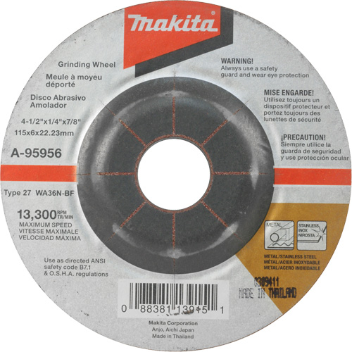 INOX Grinding Wheel, 4-1/2" x 1/4", 7/8" Arbor, Aluminum Oxide, Type 27 Duraquip Inc