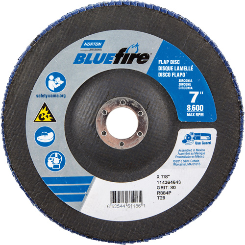 BlueFire R884P Coarse Grit Flap Disc, 7" x 7/8", Type 27, 80 Grit, Zirconia Alumina Duraquip Inc
