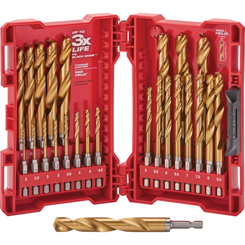 Shockwave Red Helix Metric Drill Bit Set, 25 Pieces, Titanium Duraquip Inc