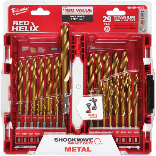 Shockwave Red Helix Drill Bit Set, 29 Pieces, Titanium Duraquip Inc