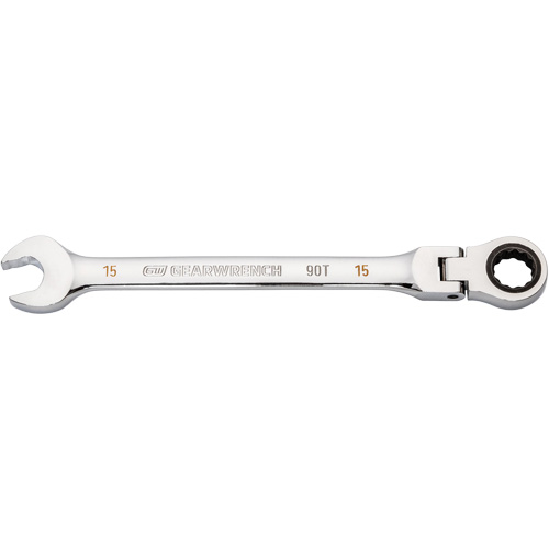 90-Tooth Flex Head Ratcheting Combination Wrench, 12 Point, 15 mm, Chrome Finish Duraquip Inc