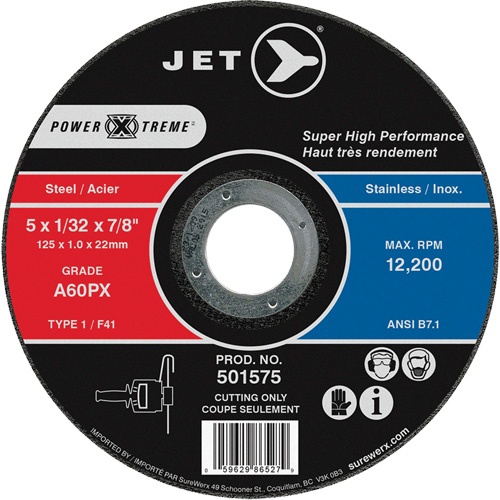 A60PX Power-Xtreme Cut-Off Wheel, 5" x 1/32", 7/8" Arbor, Type 1, 12200 RPM Duraquip Inc