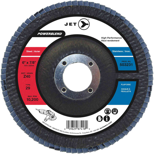 Flap Discs - Steel/Stainless Steel Application, 6" x 7/8", Type 29, Z40 Grit, Zirconium Duraquip Inc