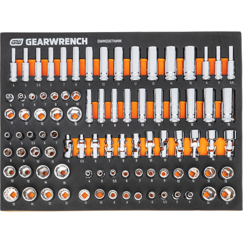 Jeu d'outils m&eacute;triques pour m&eacute;canicien MEGAMOD dans des plateaux en mousse modulaire avec armoire roulante &agrave; outils, 358 morcea Duraquip Inc
