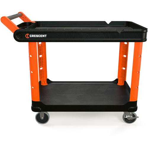 Chariot utilitaire industriel &agrave; 2 tablettes RAILWORKS avec roulettes dures de 5", 47" lo x 24-1/2" la x 34" h, Noir/Orange Duraquip Inc