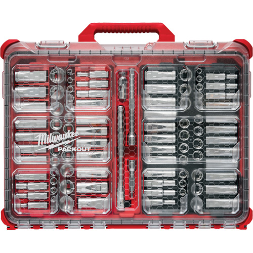 Jeu de cliquets et douilles m&eacute;triques/SAE avec organisateur PACKOUT &agrave; profil bas, 98 Mcx, Prise de 3/8" Duraquip Inc