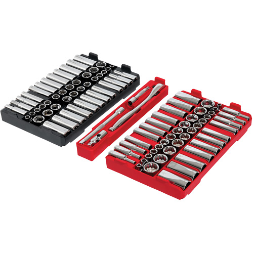 Jeu de cliquets et douilles m&eacute;triques/SAE avec organisateur PACKOUT &agrave; profil bas, 98 Mcx, Prise de 3/8" Duraquip Inc