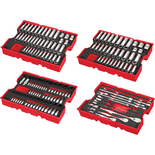 Jeu de cliquets et douilles m&eacute;triques et SAE avec organisateur PACKOUT &agrave; profil bas, 242 Mcx, Chocs, Prise de 1/4"/3/8"/1/2", Profond Duraquip Inc