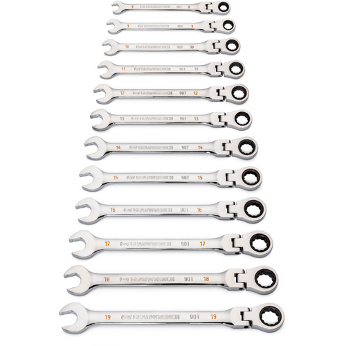 Jeu de cl&eacute;s &agrave; 12 pans et 90 dents, T&ecirc;te articul&eacute;e/Combinaison &agrave; cliquet, 12 morceaux, M&eacute;trique Duraquip Inc
