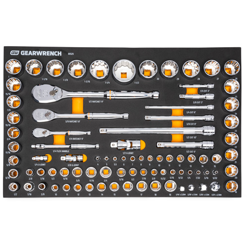 Jeu d'outils SAE/m&eacute;triques pour m&eacute;canicien &agrave; 90 dents 1/4", 3/8" & 1/2" avec plateau de rangement en mousse Duraquip Inc
