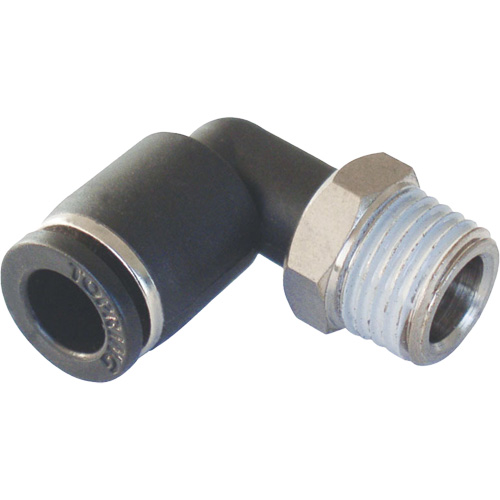 MAXFIT Push-to-Connect to Male NPT Elbow Adapter, 3/8" x 1/2" Dia., PBT Polymer Duraquip Inc