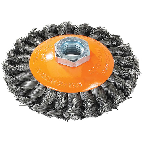 Brosse concave &agrave; fils nou&eacute;s torsad&eacute;s, Dia. 7", Fils 0,02", Arbre 5/8"-11, Acier Duraquip Inc