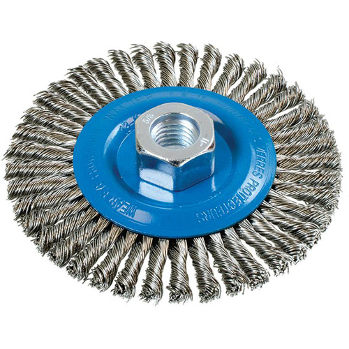 Brosse &agrave; fils nou&eacute;s pour cordons de soudure, Dia. 4-1/2", Fils 0,02", Arbre 5/8"-11, Aluminium/Acier inoxydable Duraquip Inc