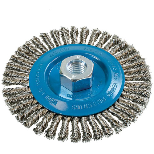 Brosse &agrave; fils &eacute;troits nou&eacute;s et torsad&eacute;s, Dia. 5", Fils 0,02", Arbre 5/8"-11, Aluminium/Acier inoxydable Duraquip Inc