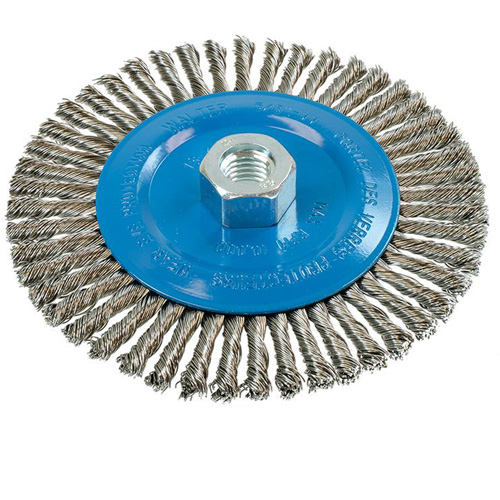 Brosse &agrave; fils &eacute;troits nou&eacute;s et torsad&eacute;s, Dia. 6", Fils 0,02", Arbre 5/8"-11, Aluminium/Acier inoxydable Duraquip Inc