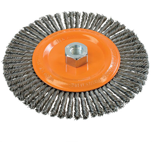 Brosse &agrave; fils nou&eacute;s pour cordons de soudure, Dia. 6-7/8'', Fils 0,02", Arbre 5/8"-11, Acier Duraquip Inc