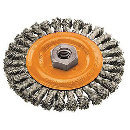 Brosse rotative &agrave; fils nou&eacute;s large, Dia. 4", Fils 0,02", Arbre 5/8"-11, Acier Duraquip Inc