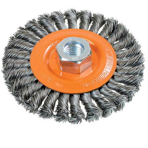 Wide Knotted Wire Wheel Brush, 4-1/2" Dia., 0.02" Fill, 5/8"-11 Arbor, Steel Duraquip Inc