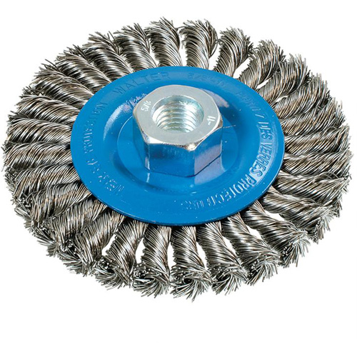 Brosse rotative &agrave; fils nou&eacute;s large, Dia. 4-1/2", Fils 0,02", Arbre 5/8"-11, Aluminium/Acier inoxydable Duraquip Inc