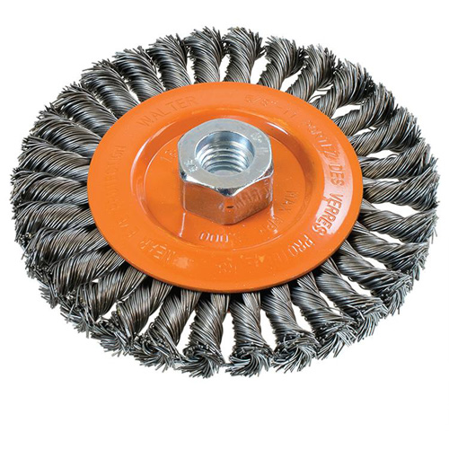 Brosse rotative &agrave; fils nou&eacute;s large, Dia. 5", Fils 0,02", Arbre 5/8"-11, Acier Duraquip Inc