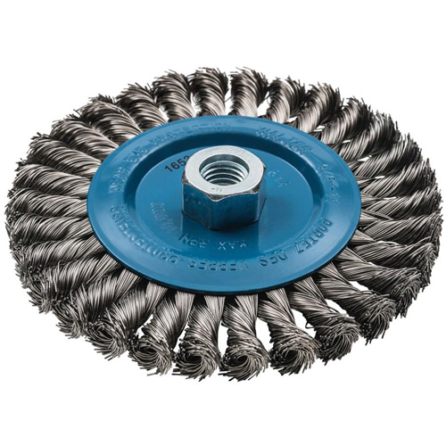Brosse rotative &agrave; fils nou&eacute;s large, Dia. 6", Fils 0,02", Arbre 5/8"-11, Aluminium/Acier inoxydable Duraquip Inc