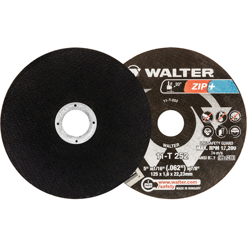 Meules &agrave; tronçonner renforc&eacute;es Zip+ pour meuleuse &agrave; angle droit, 5" x 1/16", Arbre de 7/8", Type 1, Alumine de zirconium, 12 200 Tr/min Duraquip Inc