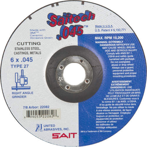 Cut-Off Wheel, 6" x 0.045", 7/8" Arbor, Type 27, Aluminum Oxide/Ceramic, 10200 RPM Duraquip Inc