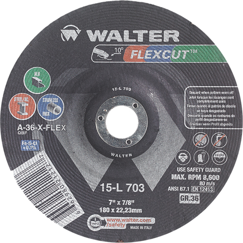 Meules &agrave; moyeu d&eacute;port&eacute; Flexcut, 7", 36 Grain, Oxyde d'aluminium, 7/8", 8600 Tr/min, Type 29 Duraquip Inc