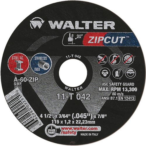 Zipcut Cut-Off Wheel, 4-1/2" x 3/64", 7/8" Arbor, Type 1, Aluminum Oxide, 13300 RPM Duraquip Inc