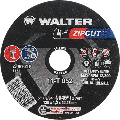Meule &agrave; tronçonner Zipcut, 5" x 3/64", Arbre de 7/8", Type 1, Oxyde d'aluminium, 12 200 Tr/min Duraquip Inc