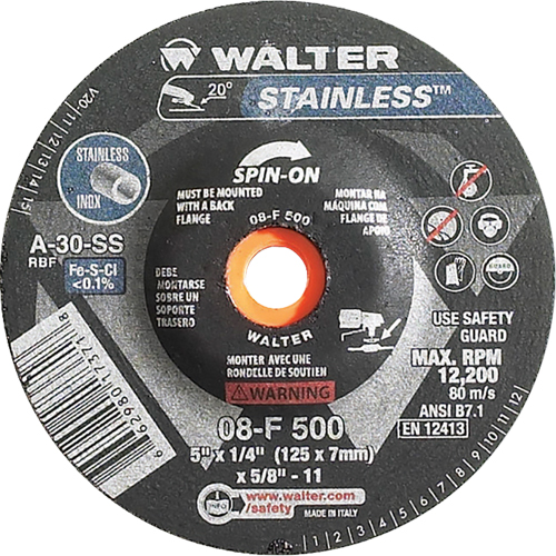 Depressed Centre Grinding Wheels - Stainless Type 27, 5" x 1/4", 5/8"-11 Arbor, Type 27S Duraquip Inc