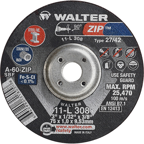 Disque de meulage et de tronçonnage Zip, 3" x 1/13", Arbre de 3/8", Type 27, Grain de 60, Oxyde d'aluminium Duraquip Inc