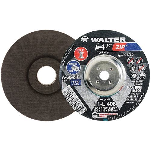 Disque de meulage et de tronçonnage Zip, 4" x 1/32", Arbre de 3/8", Type 27, Grain de 60, Oxyde d'aluminium Duraquip Inc