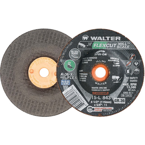 Meule FLEXCUT MILL SCALE, 4-1/2", 36 Grain, Oxyde d'aluminium, 5/8"-11, 13 300 Tr/min, Type 29 Duraquip Inc