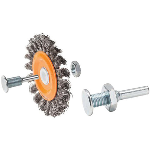 Brosse rotative mont&eacute;e &agrave; fils nou&eacute;s torsad&eacute;s r&eacute;versible, Dia. 3", Fils 0,0118", Arbre 1/2", Acier Duraquip Inc