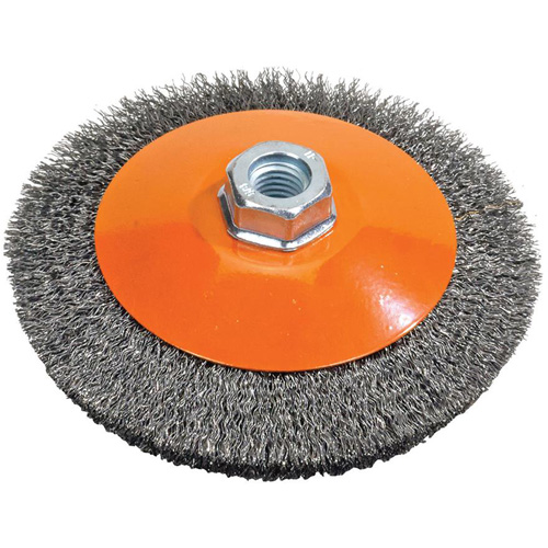 Saucer Crimped Wire Wheel, 6" Dia., 0.012" Fill, 5/8"-11 Arbor Duraquip Inc