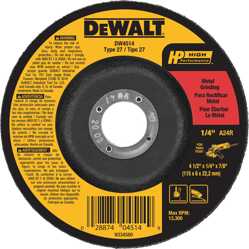 High Performance Metal Grinding Wheel, 4-1/2" x 1/4", 7/8" Arbor, Aluminum Oxide, Type 27 Duraquip Inc