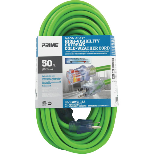 Cordon rallonge haute visibilit&eacute; Neon Flex, Ext&eacute;rieur, SJTW, AWG 12/3, 15 A, 50' Duraquip Inc