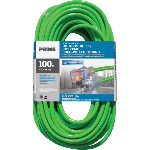 Cordon rallonge haute visibilit&eacute; Neon Flex, Ext&eacute;rieur, SJTW, AWG 12/3, 15 A, 100' Duraquip Inc