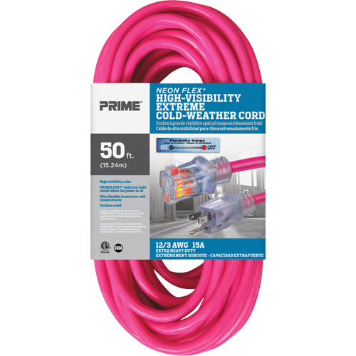 Neon Flex&reg; High Visibility Extension Cord, Outdoor, SJTW, 12/3 AWG, 15 A, 50' Duraquip Inc