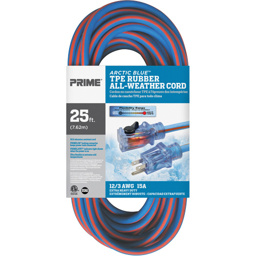 Cordon rallonge verrouillable toute saison en caoutchouc TPE Arctic Blue, Toutes saisons, SJEOW, AWG 12/3, 15 A, 25' Duraquip Inc