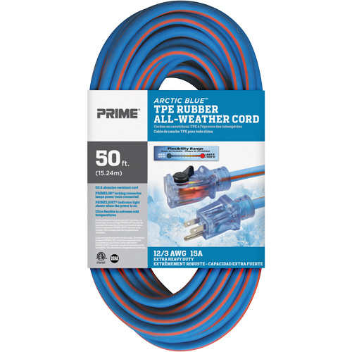 Cordon rallonge verrouillable toute saison en caoutchouc TPE Arctic Blue, Toutes saisons, SJEOW, AWG 12/3, 15 A, 50' Duraquip Inc