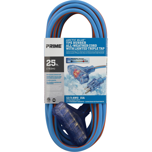 Arctic Blue TPE-Rubber Extension Cord, All-Weather, SJEOW, 12/3 AWG, 15 A, 3 Outlet(s), 25' Duraquip Inc