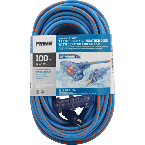 Arctic Blue TPE-Rubber Extension Cord, All-Weather, SJEOW, 12/3 AWG, 15 A, 3 Outlet(s), 100' Duraquip Inc