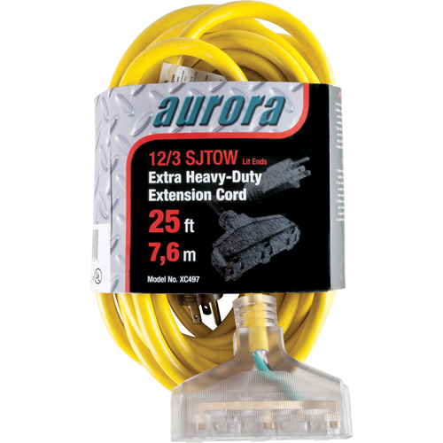 Vinyl Extension Cord with Light Indicator, Outdoor, SJTOW, 12/3 AWG, 15 A, 3 Outlet(s), 25' Duraquip Inc